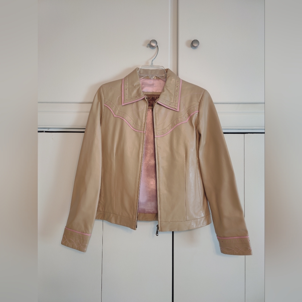 Roper Brand Women's Smooth Tan Leather Zip Jacket with Pink Accents Size L